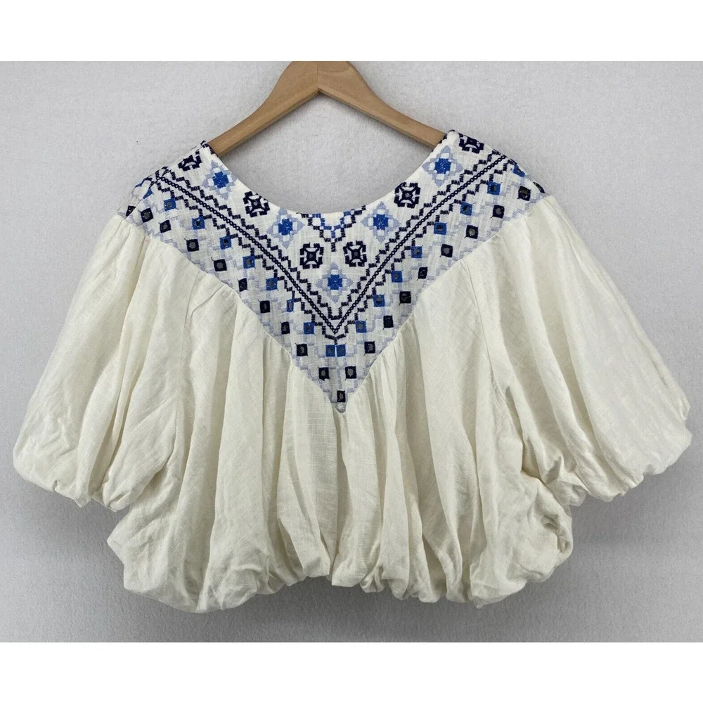 FREE PEOPLE Joni Top L Boho Embroidered Shirred Puff Sleeve Cropped White Blue